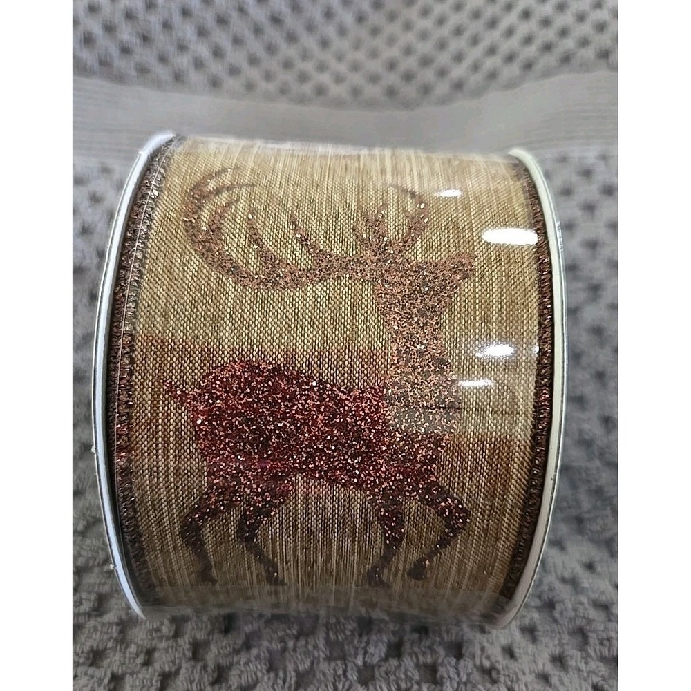 Expressions Christmas Ribbon Wired Edge Copper Glitter Reindeer Tan 2.5in x 10yd